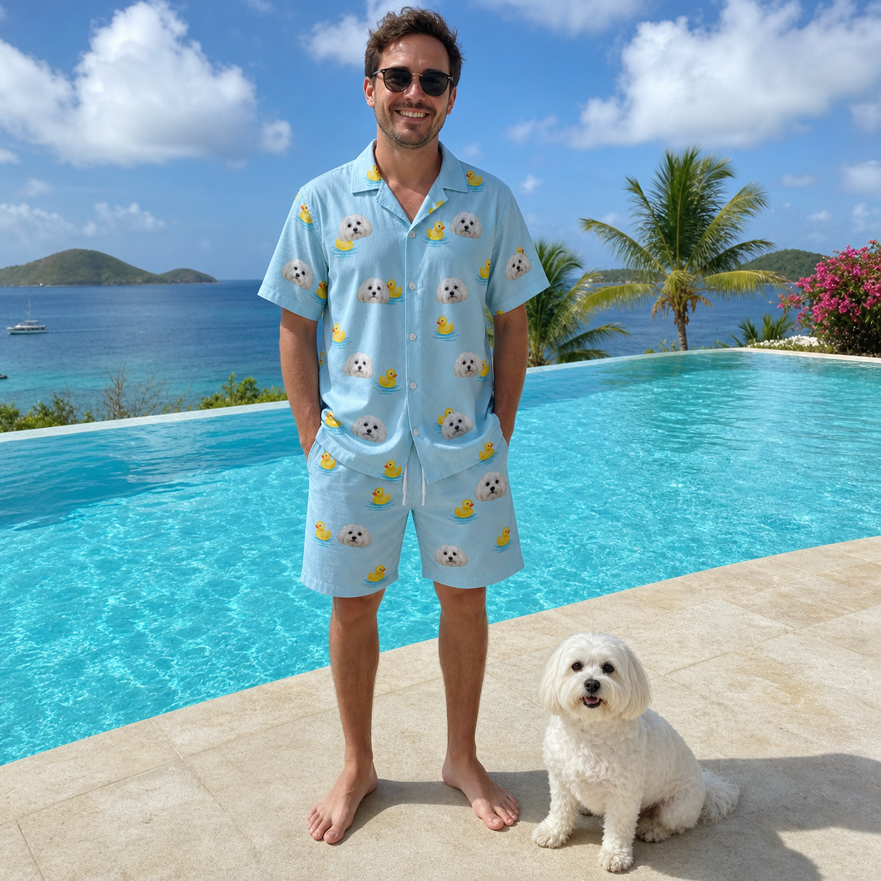 Full-length photo with the pet printed all over this Men's Rubber Rover Custom Dog Face Shirt & Shorts Set