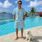 Full-length photo with the pet printed all over this Men's Rubber Rover Custom Dog Face Shirt & Shorts Set