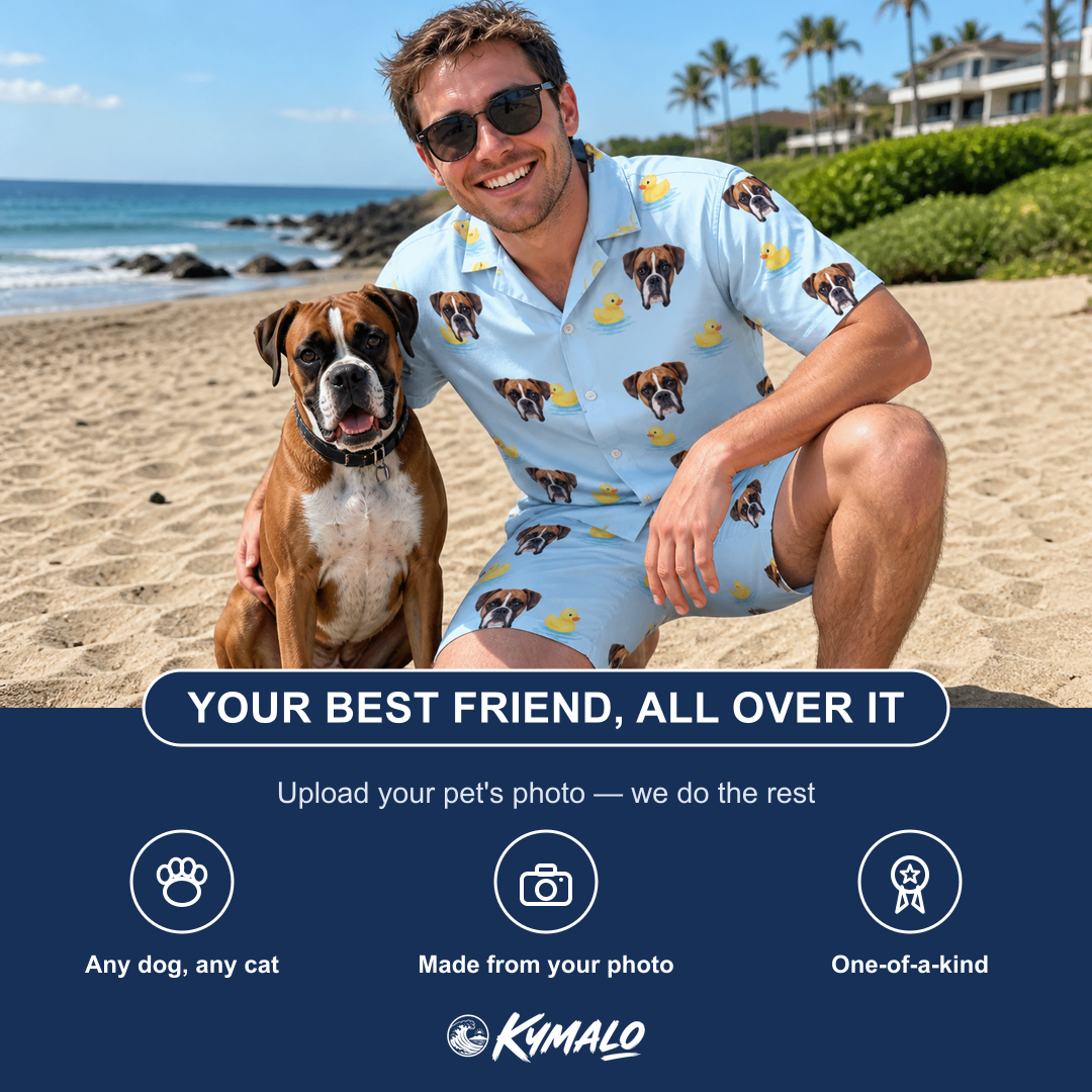 Friends in matching Men's Rubber Rover Custom Dog Face Shirt & Shorts Set — a group gift photo