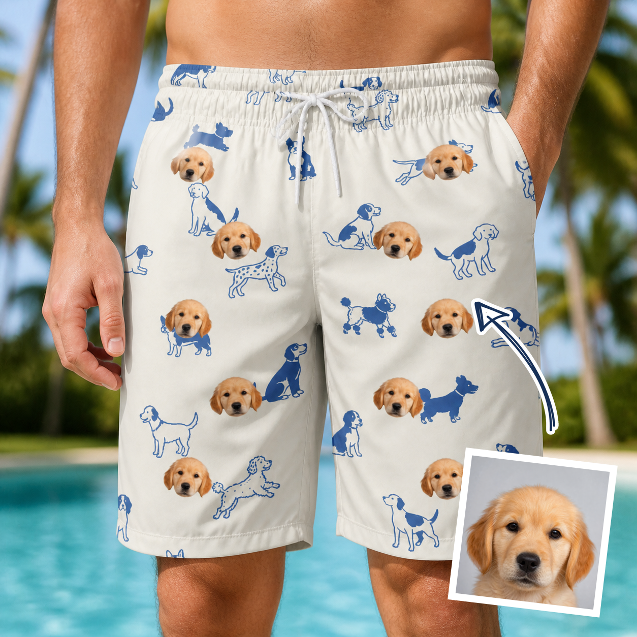 Man wearing Men's Tail Tales Custom Dog Face Beach Shorts — custom faces printed all-over