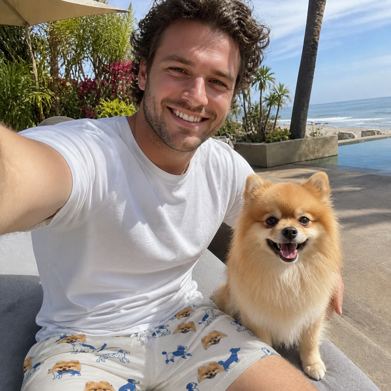 Selfie with the pet whose face is printed all over this Men's Tail Tales Custom Dog Face Beach Shorts