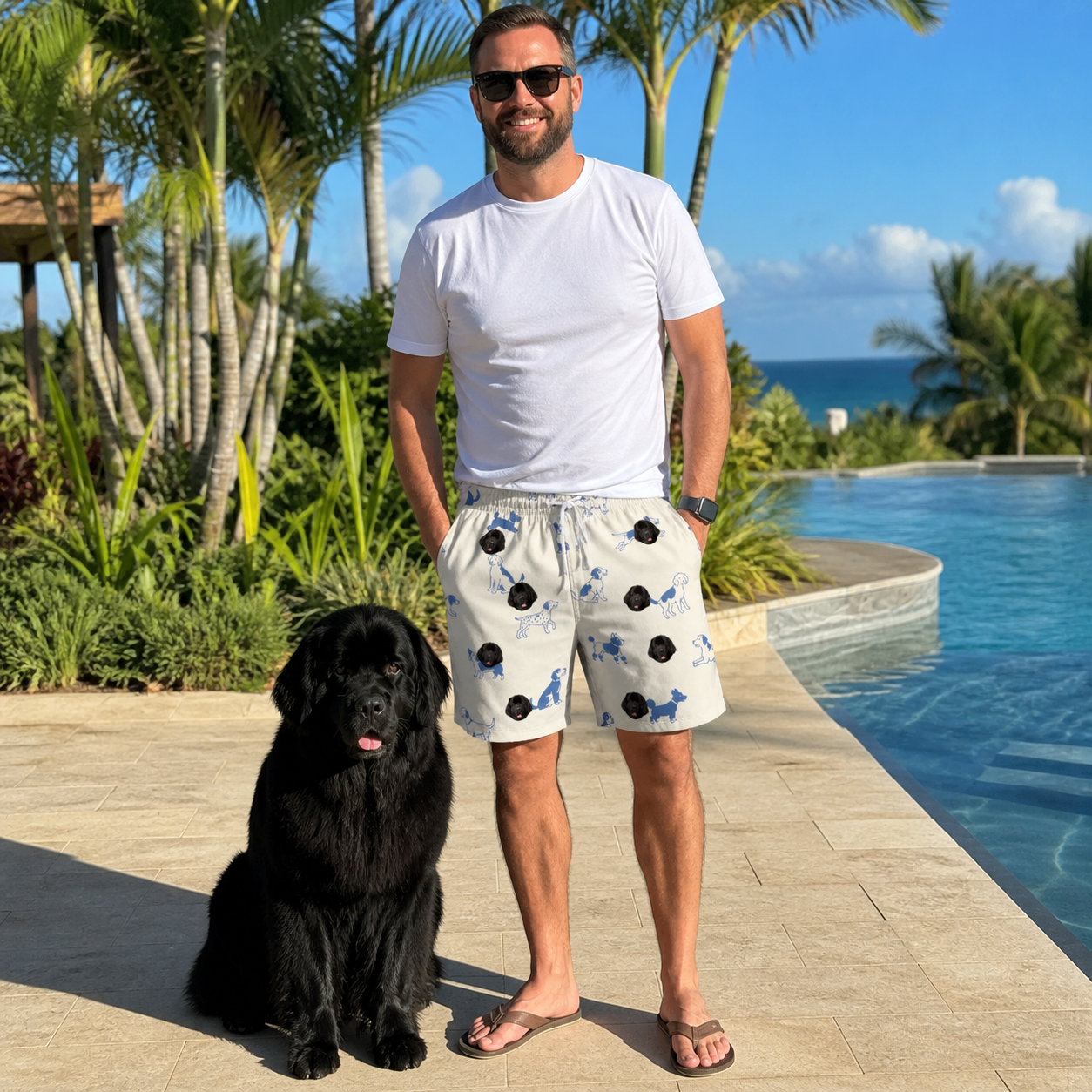 Full-length photo with the pet printed all over this Men's Tail Tales Custom Dog Face Beach Shorts