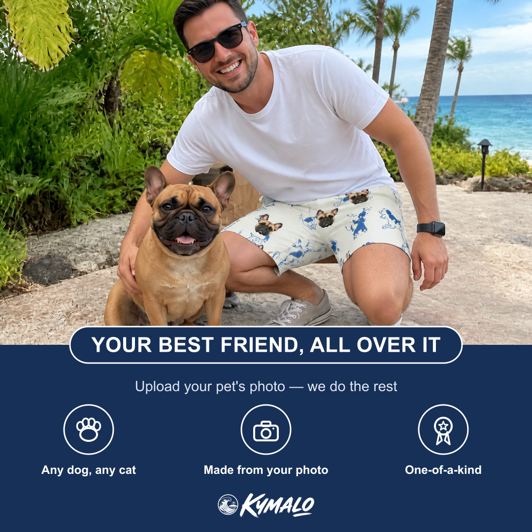 Friends in matching Men's Tail Tales Custom Dog Face Beach Shorts — a group gift photo