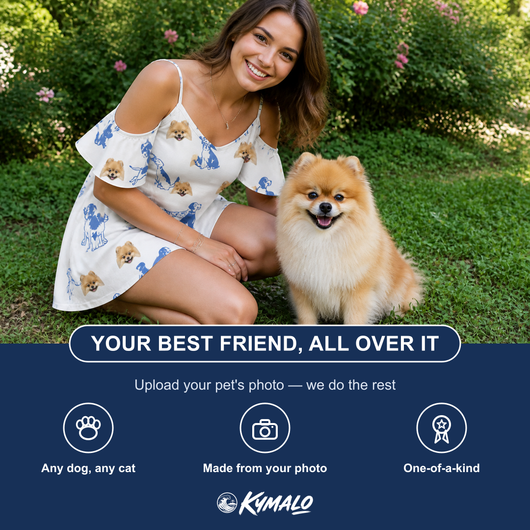 Friends in matching Women's Tail Tales Custom Dog Face Off-Shoulder Dress — a group gift photo