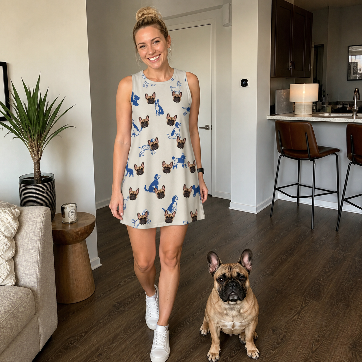 Full-length photo with the pet printed all over this Women's Tail Tales Custom Dog Face Tank Dress