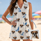 Woman wearing Women's Tail Tales Custom Dog Face V-Neck Dress — custom faces printed all-over
