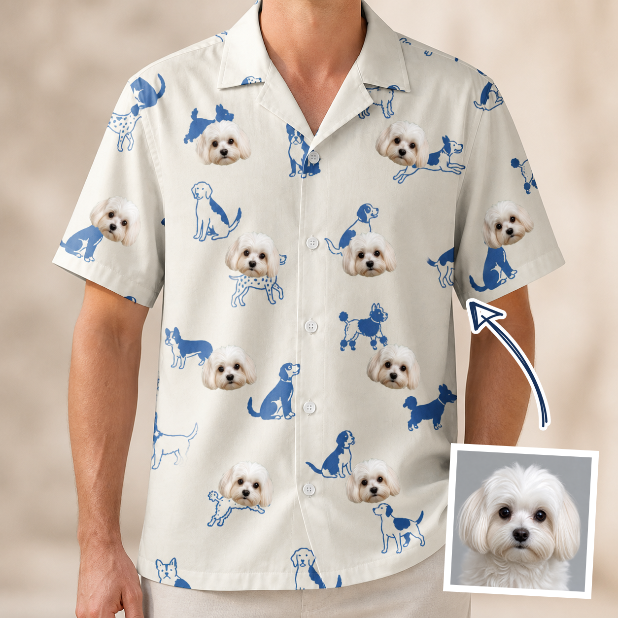 Man wearing Men's Tail Tales Custom Dog Face Hawaiian Shirt — custom faces printed all-over