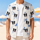 Man wearing Men's Tail Tales Custom Dog Face Hawaiian Shirt open over a white tee