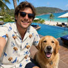Selfie with the pet whose face is printed all over this Men's Tail Tales Custom Dog Face Hawaiian Shirt