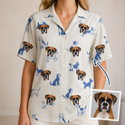 Woman wearing Women's Tail Tales Custom Dog Face Hawaiian Shirt — custom faces printed all-over