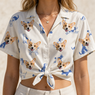 Woman wearing Women's Tail Tales Custom Dog Face Hawaiian Shirt tied at the waist