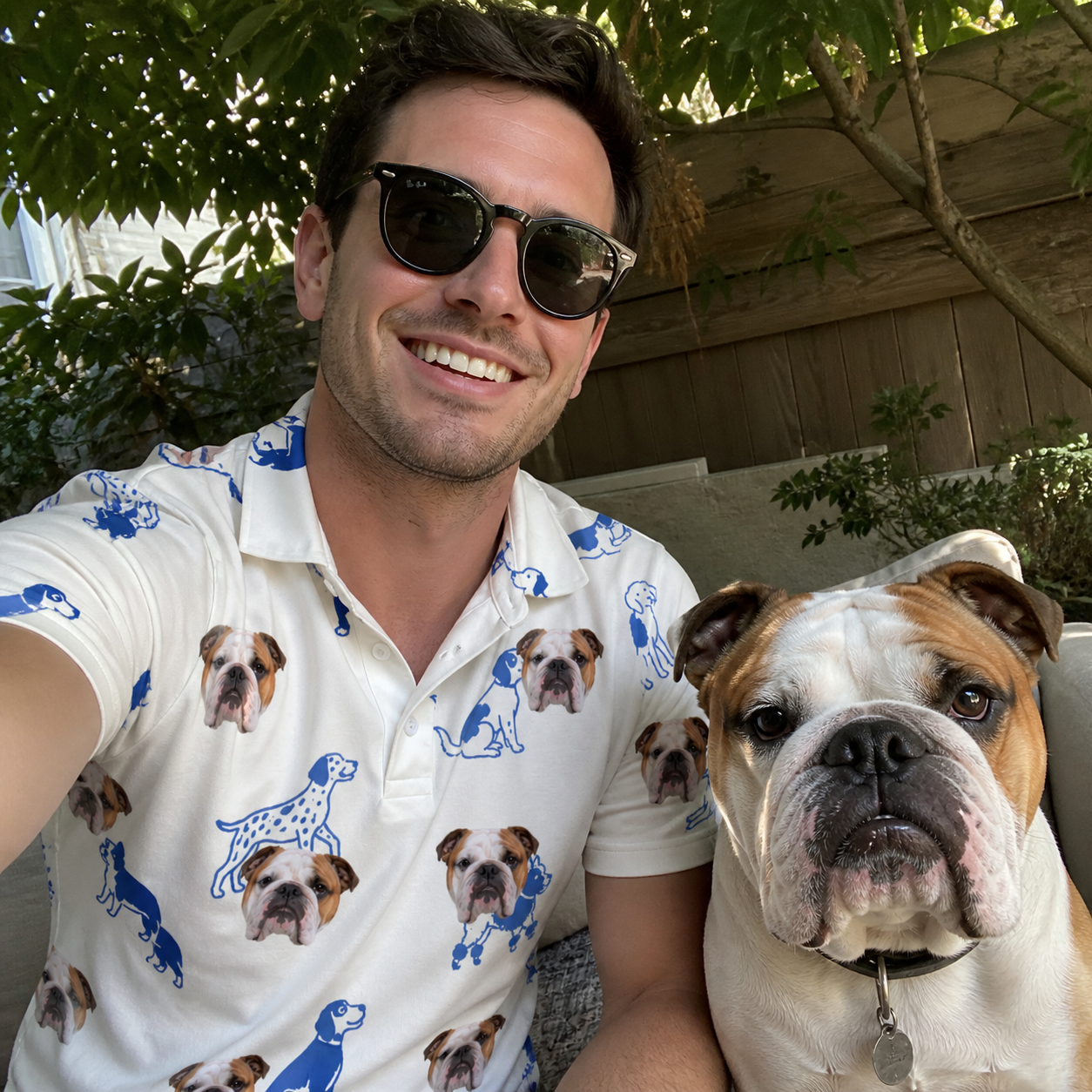 Selfie with the pet whose face is printed all over this Men's Tail Tales Custom Dog Face Polo Shirt