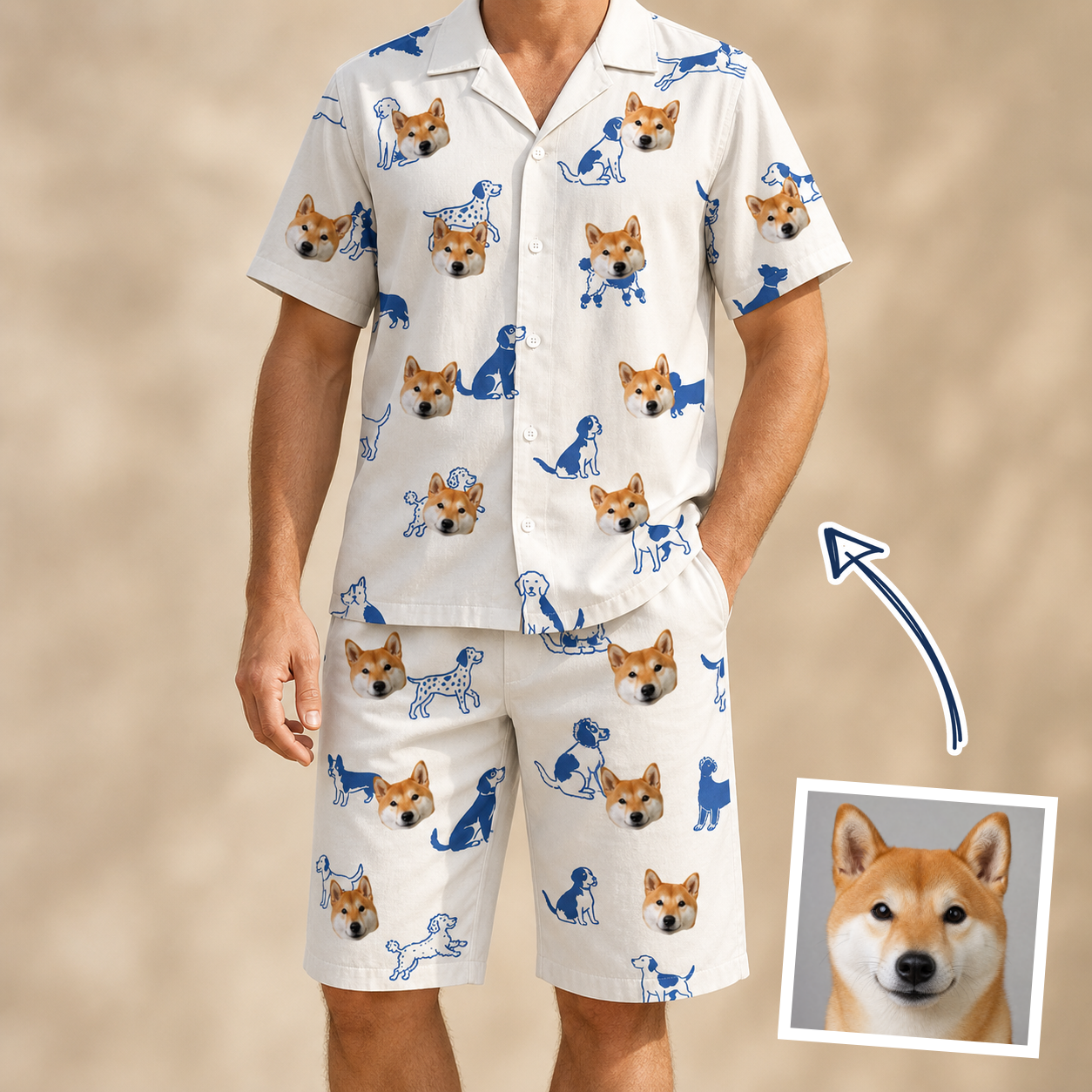 Man wearing Men's Tail Tales Custom Dog Face Shirt & Shorts Set — custom faces printed all-over