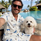 Selfie with the pet whose face is printed all over this Men's Tail Tales Custom Dog Face Shirt & Shorts Set