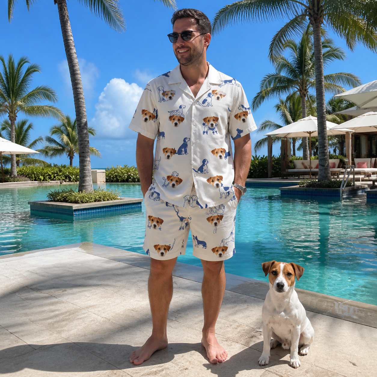 Full-length photo with the pet printed all over this Men's Tail Tales Custom Dog Face Shirt & Shorts Set
