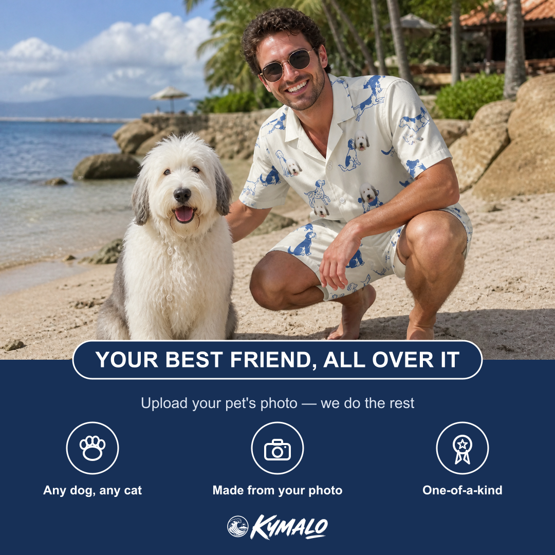 Friends in matching Men's Tail Tales Custom Dog Face Shirt & Shorts Set — a group gift photo