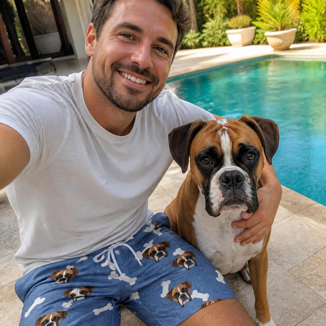 Selfie with the pet whose face is printed all over this Men's Waggle Wafers Custom Dog Face Beach Shorts