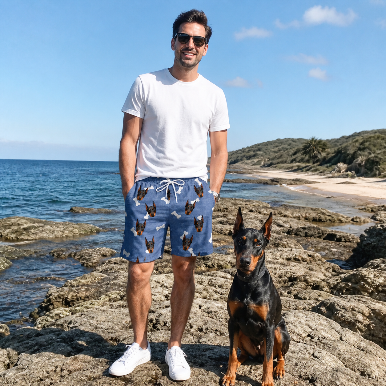 Full-length photo with the pet printed all over this Men's Waggle Wafers Custom Dog Face Beach Shorts