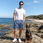 Full-length photo with the pet printed all over this Men's Waggle Wafers Custom Dog Face Beach Shorts