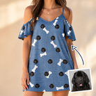 Woman wearing Women's Waggle Wafers Custom Dog Face Off-Shoulder Dress — custom faces printed all-over
