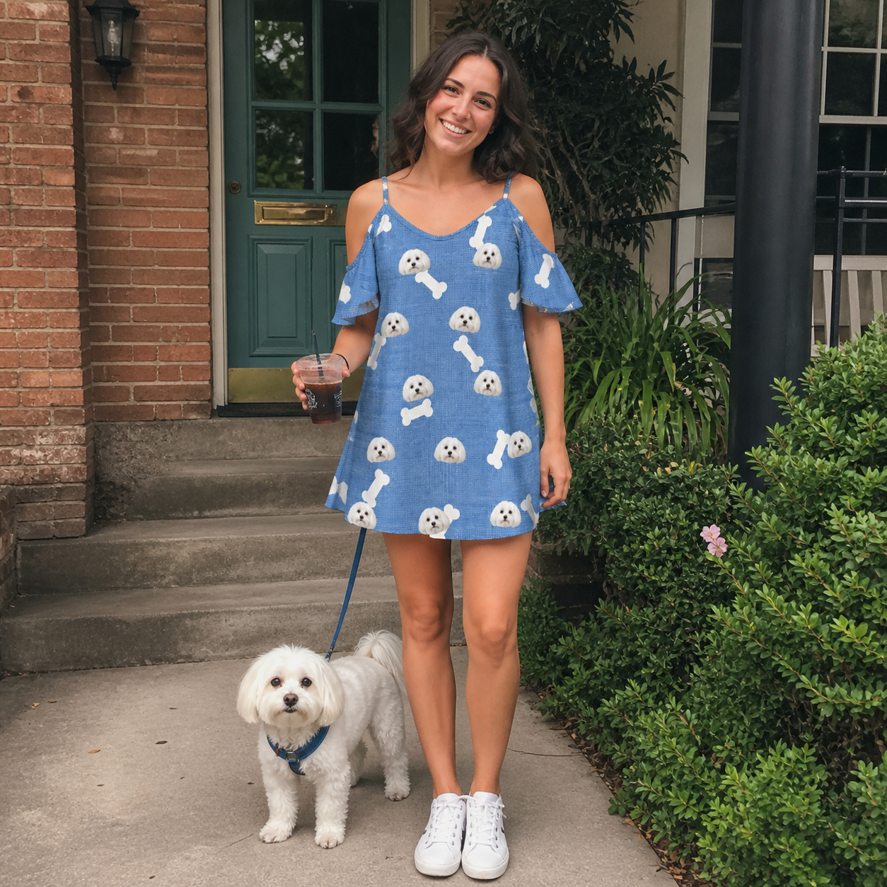 Full-length photo with the pet printed all over this Women's Waggle Wafers Custom Dog Face Off-Shoulder Dress
