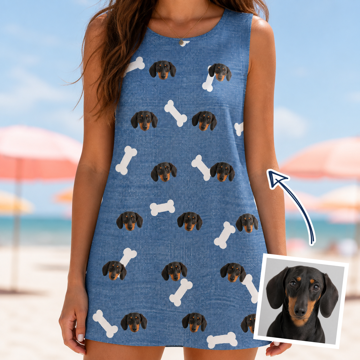 Woman wearing Women's Waggle Wafers Custom Dog Face Tank Dress — custom faces printed all-over