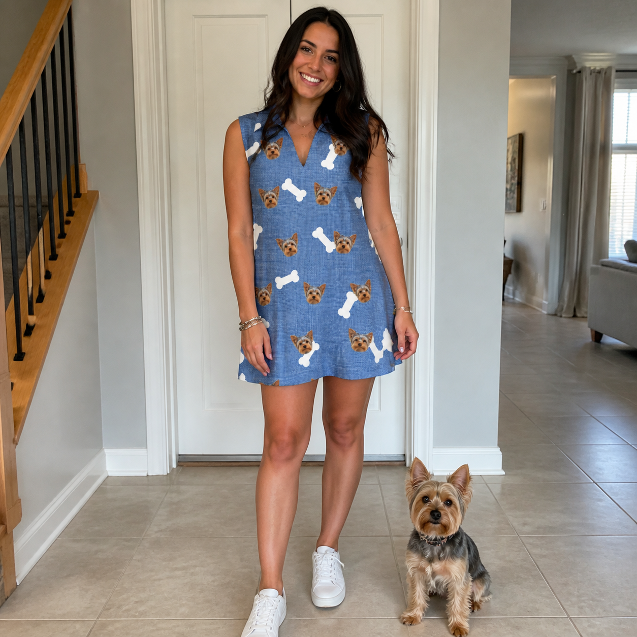 Full-length photo with the pet printed all over this Women's Waggle Wafers Custom Dog Face V-Neck Dress