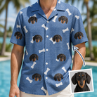 Man wearing Men's Waggle Wafers Custom Dog Face Hawaiian Shirt — custom faces printed all-over