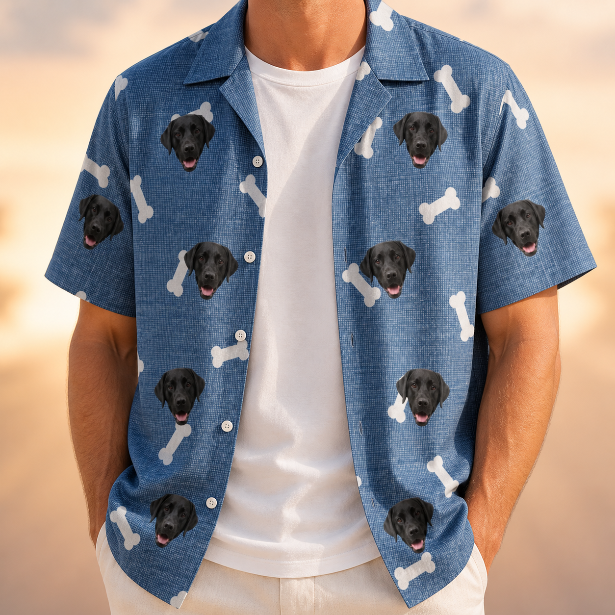 Man wearing Men's Waggle Wafers Custom Dog Face Hawaiian Shirt open over a white tee