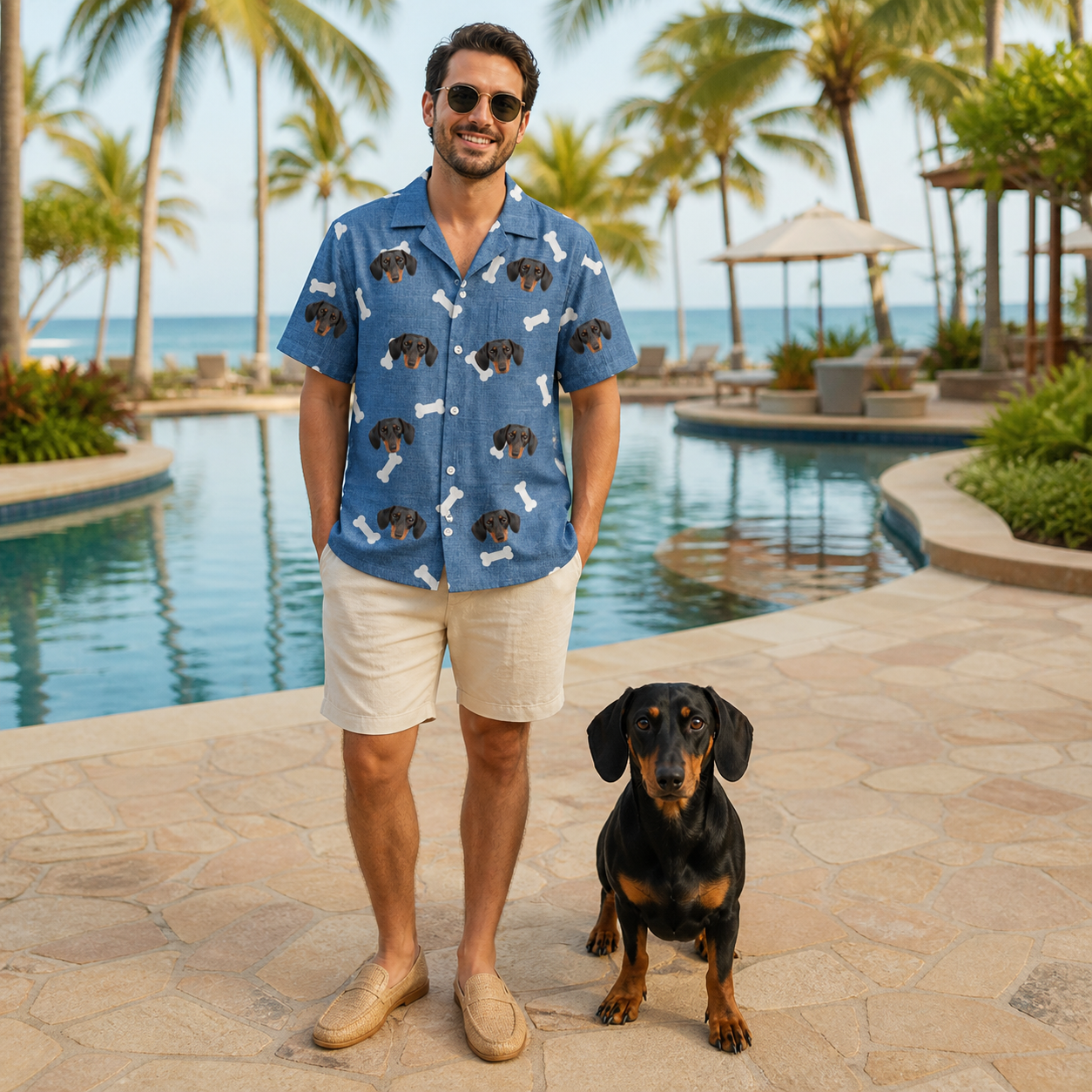 Full-length photo with the pet printed all over this Men's Waggle Wafers Custom Dog Face Hawaiian Shirt