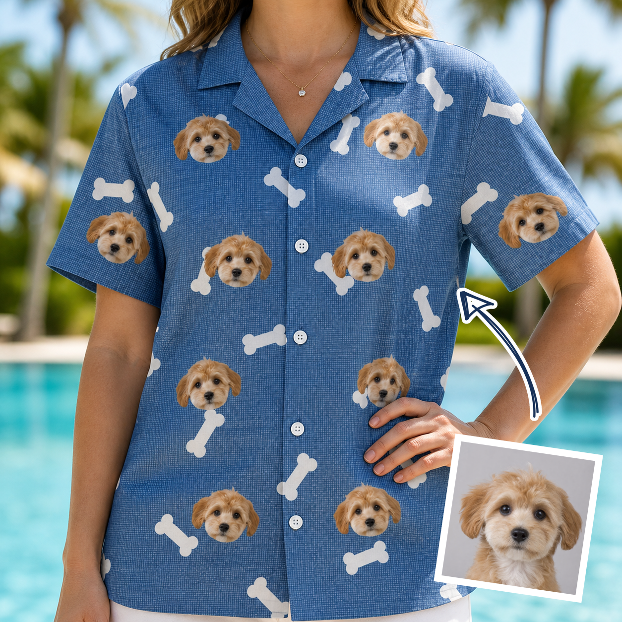 Woman wearing Women's Waggle Wafers Custom Dog Face Hawaiian Shirt — custom faces printed all-over
