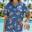 Woman wearing Women's Waggle Wafers Custom Dog Face Hawaiian Shirt — custom faces printed all-over