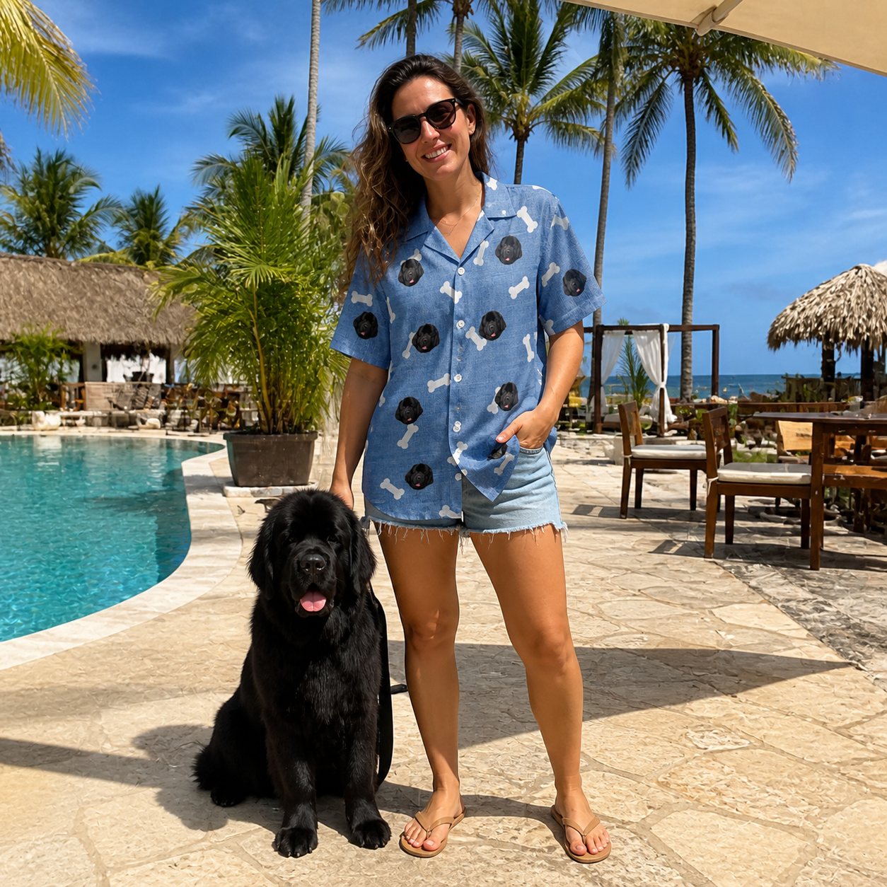 Full-length photo with the pet printed all over this Women's Waggle Wafers Custom Dog Face Hawaiian Shirt