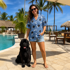 Full-length photo with the pet printed all over this Women's Waggle Wafers Custom Dog Face Hawaiian Shirt