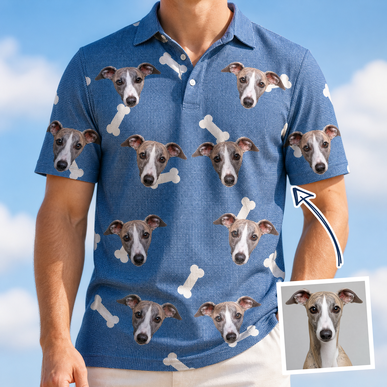 Man wearing Men's Waggle Wafers Custom Dog Face Polo Shirt — custom faces printed all-over