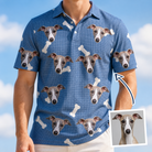Man wearing Men's Waggle Wafers Custom Dog Face Polo Shirt — custom faces printed all-over
