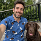 Selfie with the pet whose face is printed all over this Men's Waggle Wafers Custom Dog Face Polo Shirt