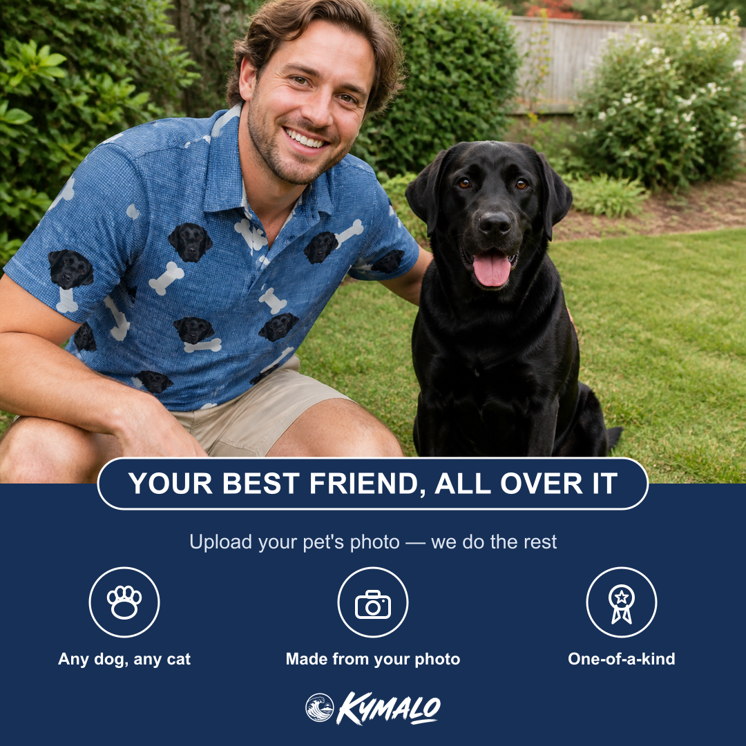 Friends in matching Men's Waggle Wafers Custom Dog Face Polo Shirt — a group gift photo