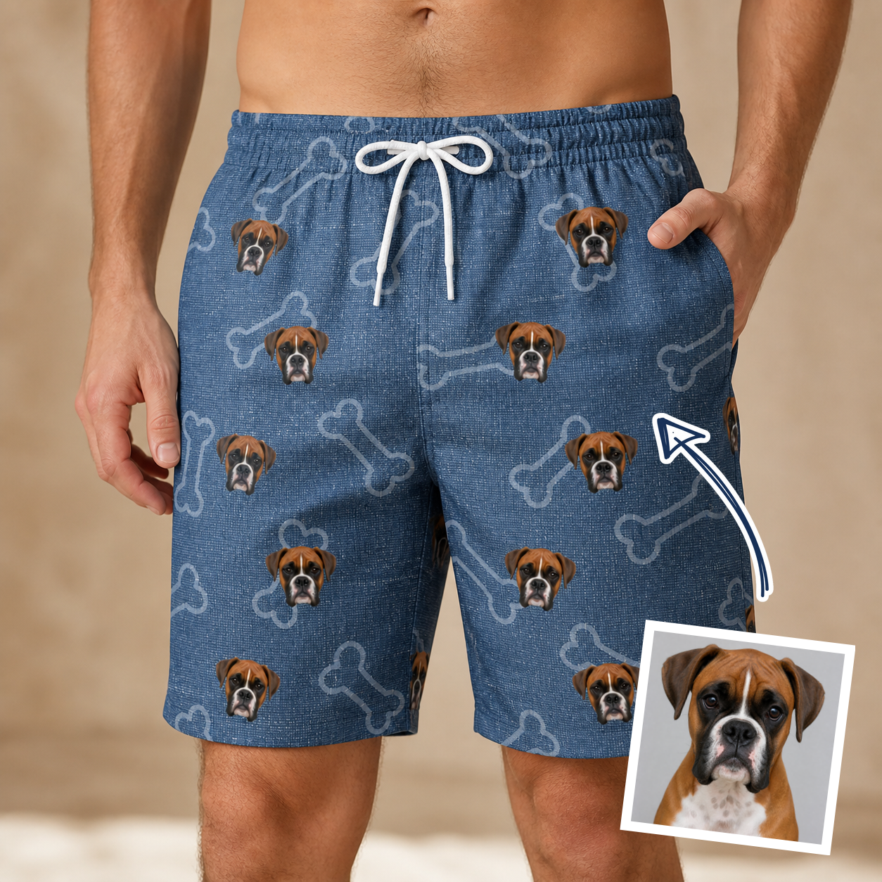 Man wearing Men's Canine Crunch Custom Dog Face Beach Shorts — custom faces printed all-over