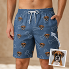 Man wearing Men's Canine Crunch Custom Dog Face Beach Shorts — custom faces printed all-over