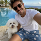 Selfie with the pet whose face is printed all over this Men's Canine Crunch Custom Dog Face Beach Shorts