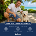 Friends in matching Men's Canine Crunch Custom Dog Face Beach Shorts — a group gift photo