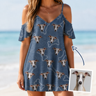 Woman wearing Women's Canine Crunch Custom Dog Face Off-Shoulder Dress — custom faces printed all-over