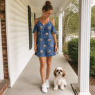 Full-length photo with the pet printed all over this Women's Canine Crunch Custom Dog Face Off-Shoulder Dress