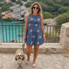 Full-length photo with the pet printed all over this Women's Canine Crunch Custom Dog Face Tank Dress