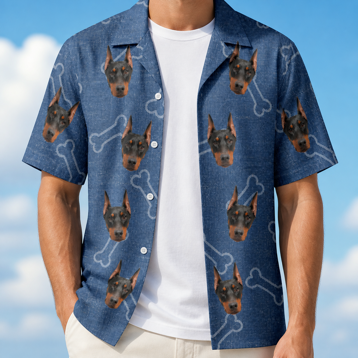 Man wearing Men's Canine Crunch Custom Dog Face Hawaiian Shirt open over a white tee
