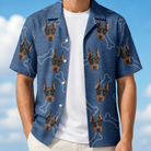 Man wearing Men's Canine Crunch Custom Dog Face Hawaiian Shirt open over a white tee