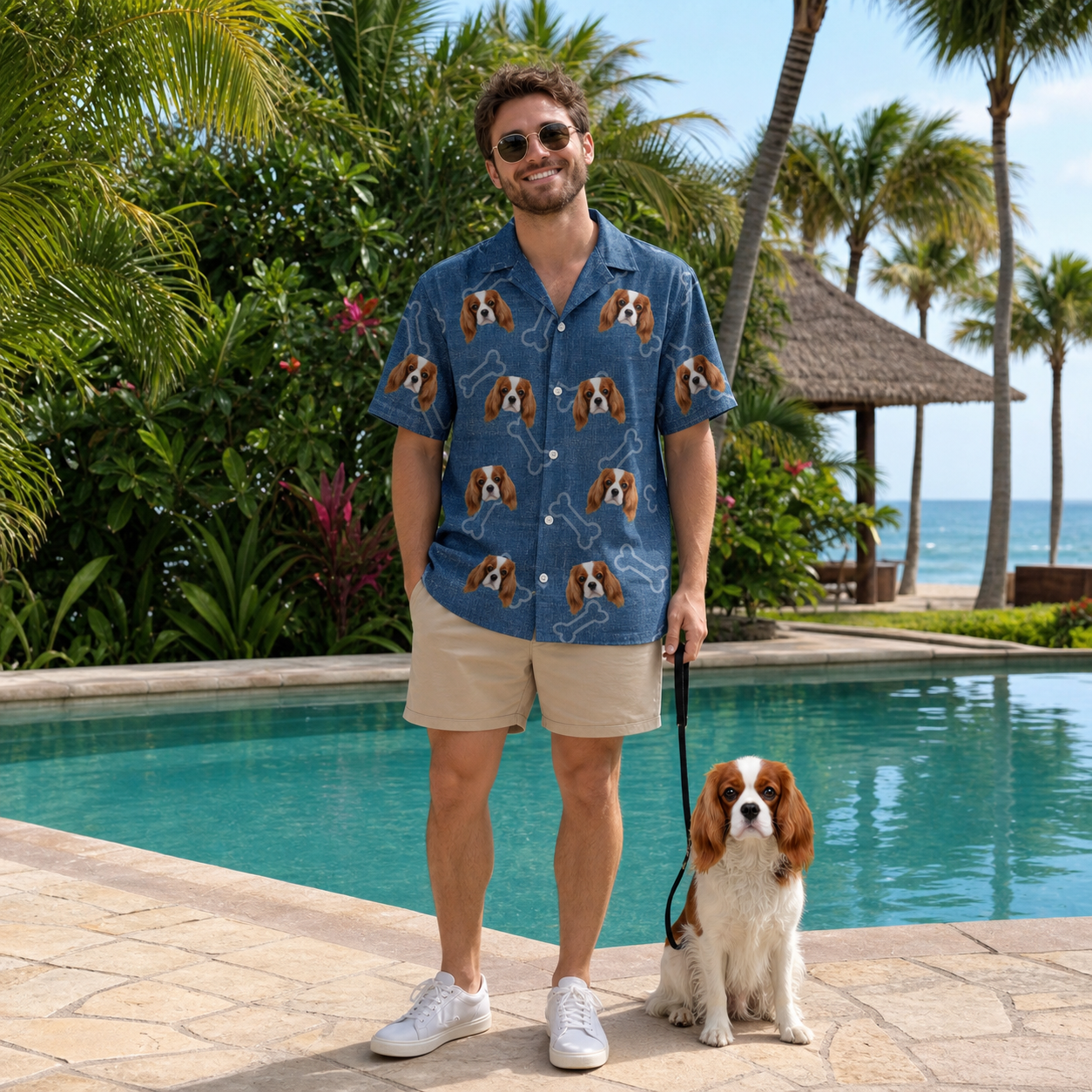 Full-length photo with the pet printed all over this Men's Canine Crunch Custom Dog Face Hawaiian Shirt