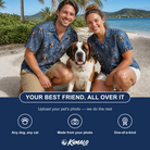 Friends in matching Men's Canine Crunch Custom Dog Face Hawaiian Shirt — a group gift photo