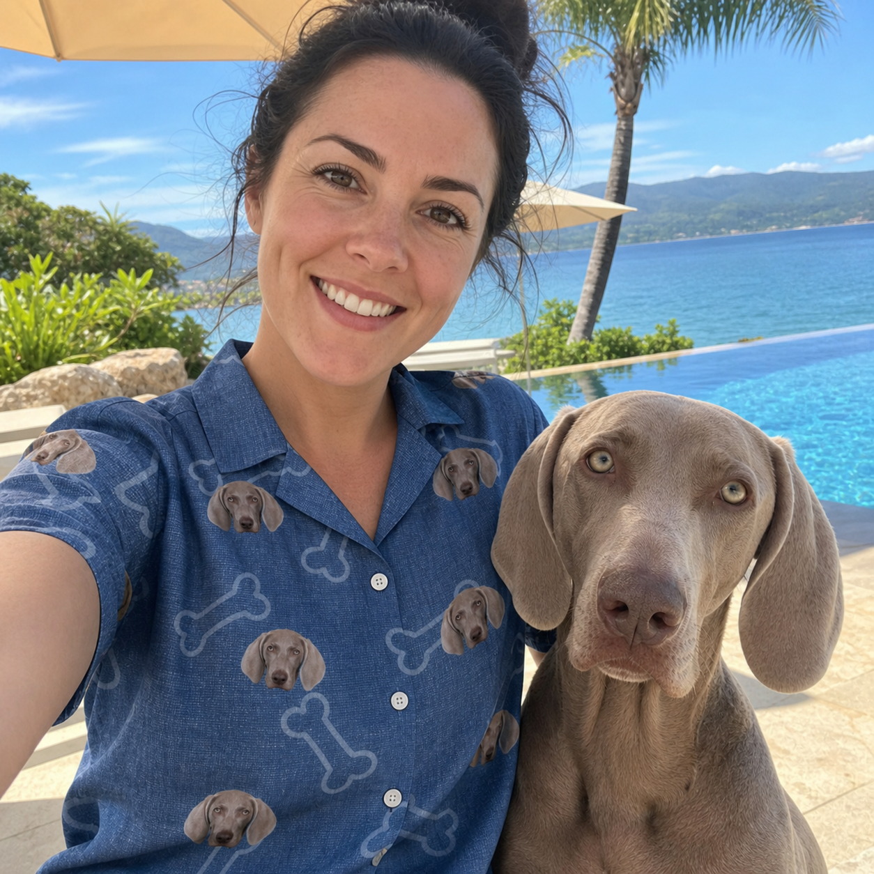 Selfie with the pet whose face is printed all over this Women's Canine Crunch Custom Dog Face Hawaiian Shirt